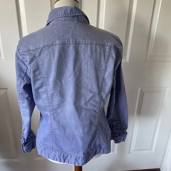 Chicos Platinum Womens Ruched Jacket Sz 2 US 12 Zip Pockets Blue Denim Chic - Picture 8 of 12